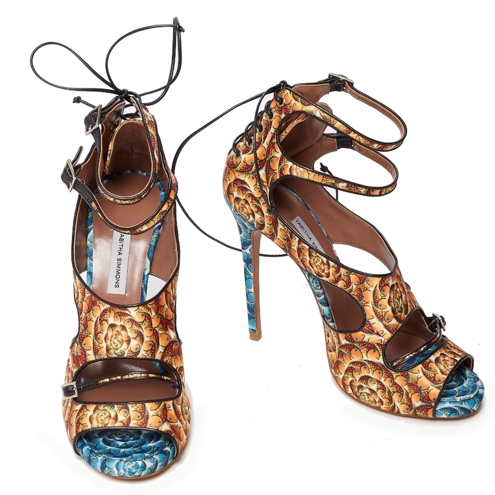 Tabitha Simmons Bailey Printed Satin Sandals Yellow Blue Orange European 39.5
